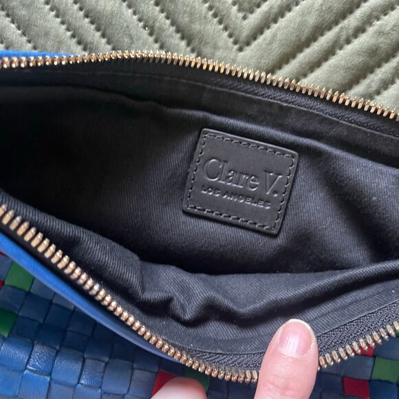 Clare V. Convertible Woven Leather Multicolor Fold Over Clutch Bag Purse Blue - Picture 5 of 7